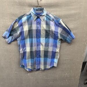 Equipment Shirt Mens Medium Blue Plaid Short Sleeve Button Up 100% Cotton Casual